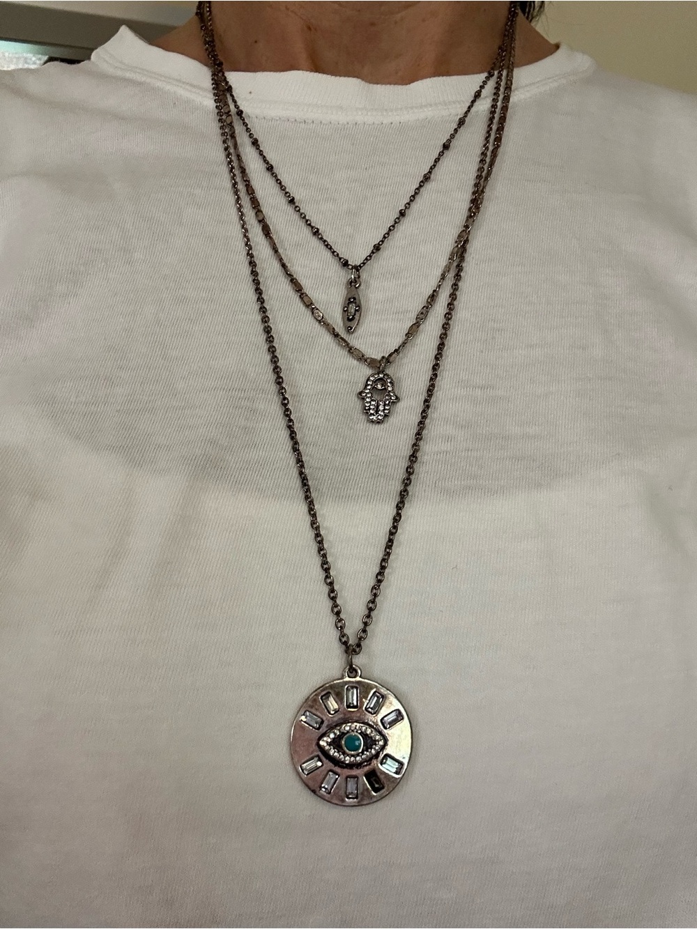 Layered silver-toned Evil Eye Hamsa Pendant Necklace set